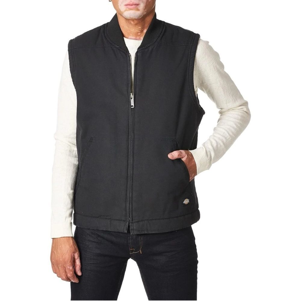 Dickies Men's Relaxed Fit Sherpa Lined Duck Vest X-Large, Rinsed Black
